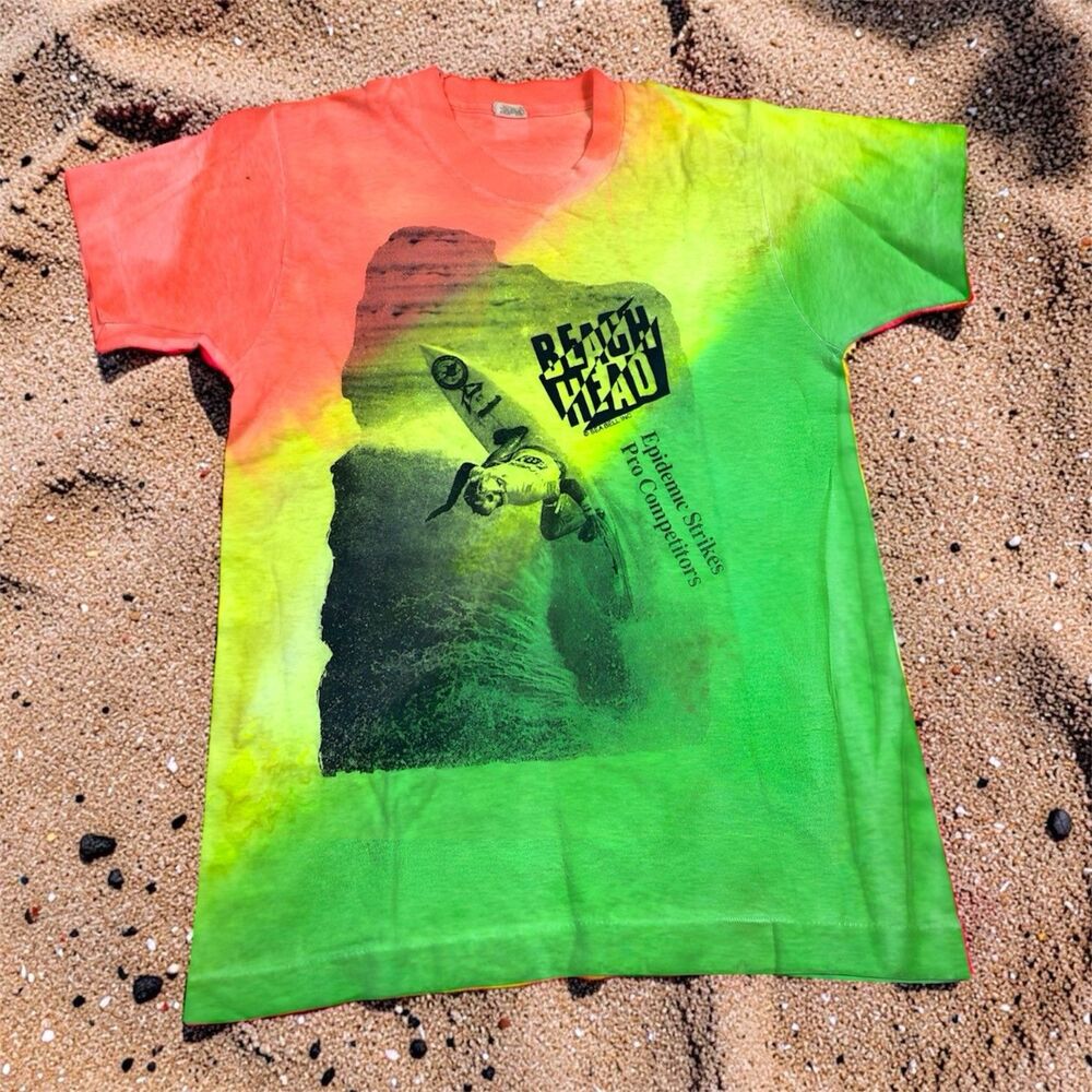 VTG 90s Beach Head T Shirt Youth XL 14-16 Neon Tie Dye Surf Single Stitch USA